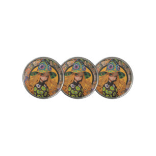 Kawaii Witch & Eyeball Hat in Fantasy City Golf Ball Marker