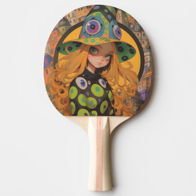 Kawaii Witch & Eyeball Hat in Fantasy City Ping Pong Paddle (Front)