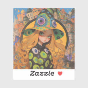 Kawaii Witch & Eyeball Hat in Fantasy City Sticker