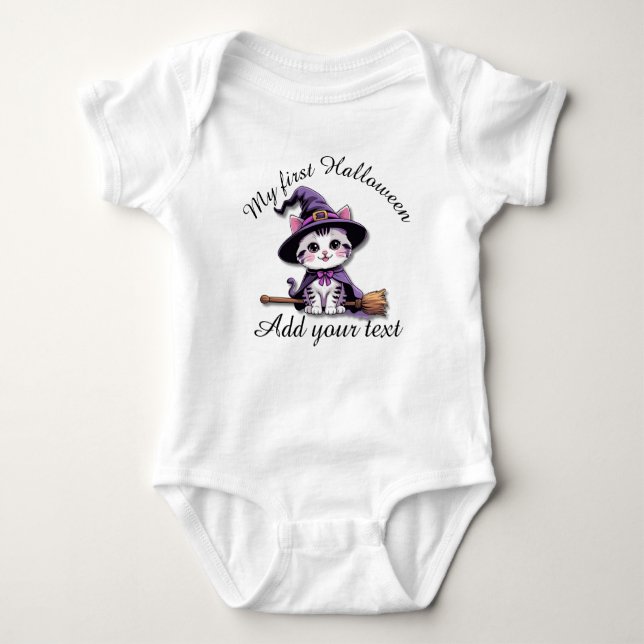 Kawaii Witch Kitten – Baby Halloween Bodysuit (Front)