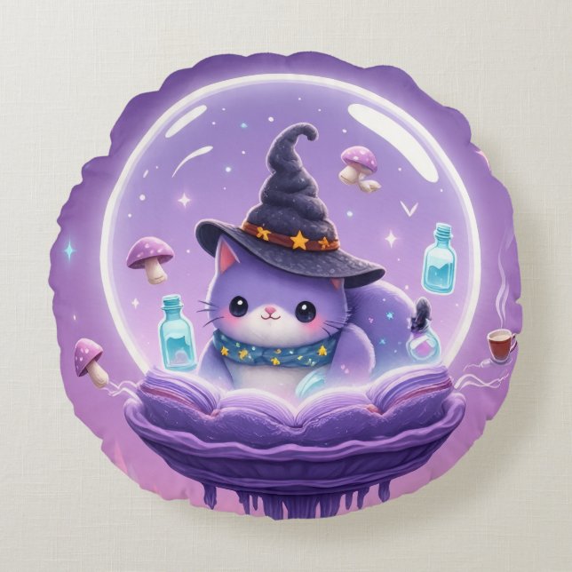 Kawaii Witch Snow Globe Round Pillow (Front)