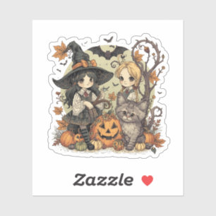 Kawaii witches with Gatinho and Abóbora Sticker