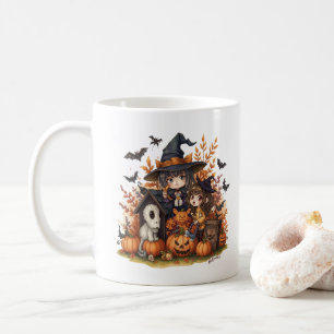 Kawaii Witches with Ghost Puppy and Pumpkins Coffee Mug