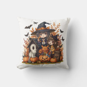 Kawaii Witches with Ghost Puppy and Pumpkins Throw Pillow