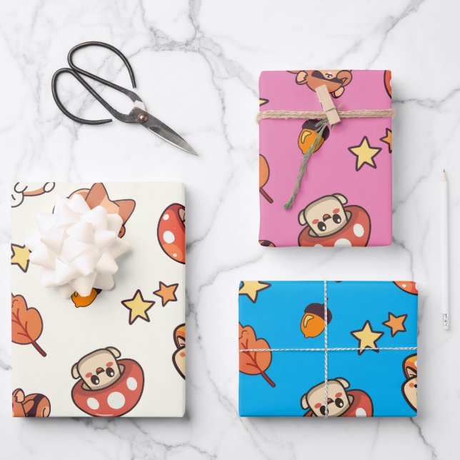 Kawaii Woodland Animals and Mushrooms Pattern Wrapping Paper Sheets (Front)
