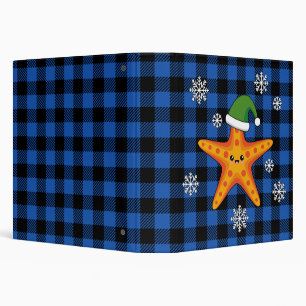 Kawaii Xmas Starfish on Blue Buffalo Pattern 3 Ring Binder