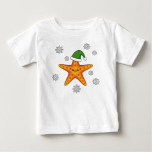 Kawaii Xmas Starfish on Blue Buffalo Pattern Baby T-Shirt