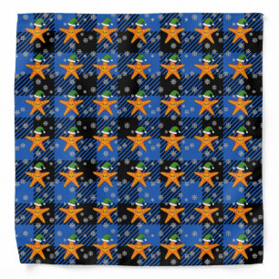 Kawaii Xmas Starfish on Blue Buffalo Pattern Bandana
