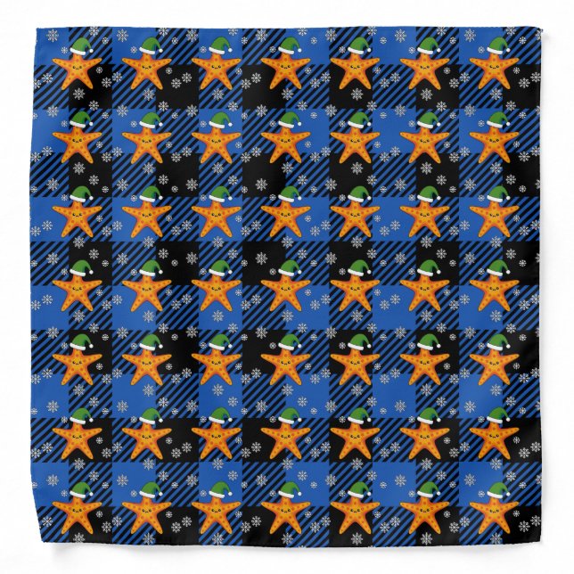 Kawaii Xmas Starfish on Blue Buffalo Pattern Bandana (Front)