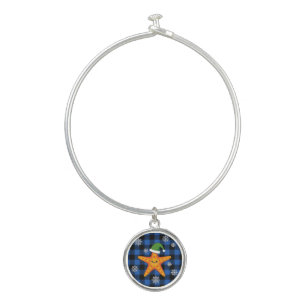 Kawaii Xmas Starfish on Blue Buffalo Pattern Bangle Bracelet