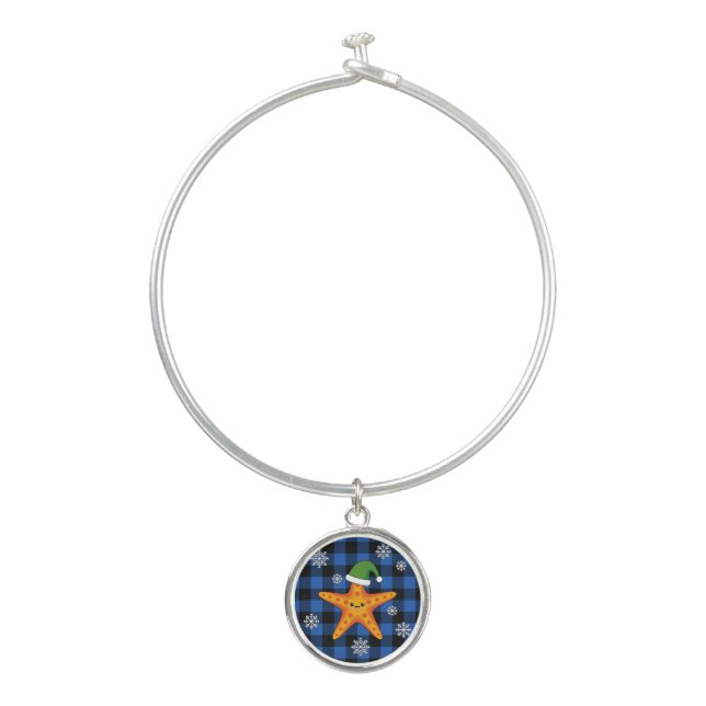 Kawaii Xmas Starfish on Blue Buffalo Pattern Bangle Bracelet (Front)