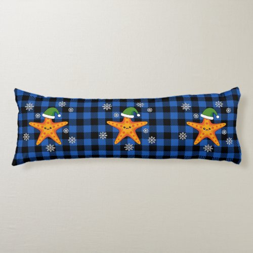 Kawaii Xmas Starfish on Blue Buffalo Pattern Body Pillow