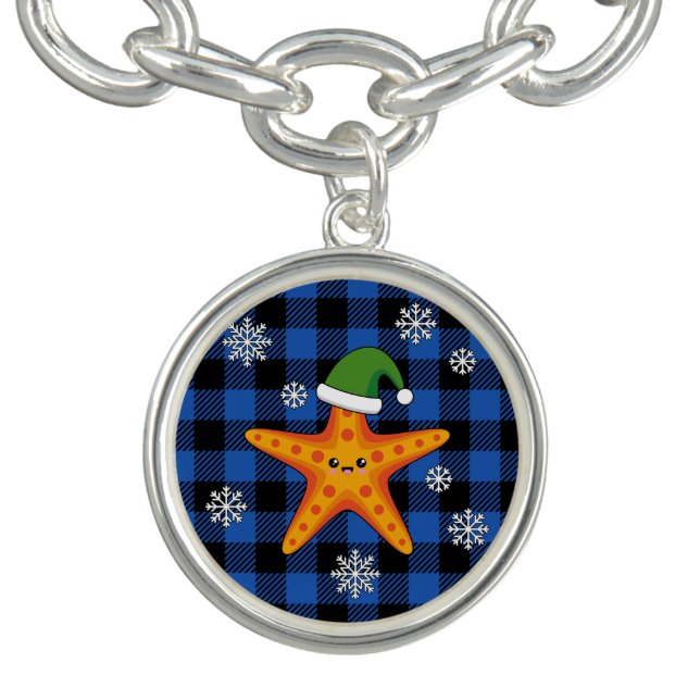 Kawaii Xmas Starfish on Blue Buffalo Pattern Bracelet (Design)