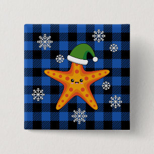 Kawaii Xmas Starfish on Blue Buffalo Pattern Button