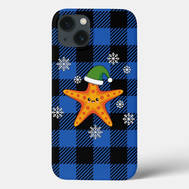Kawaii Xmas Starfish on Blue Buffalo Pattern Case-Mate iPhone Case (Back)