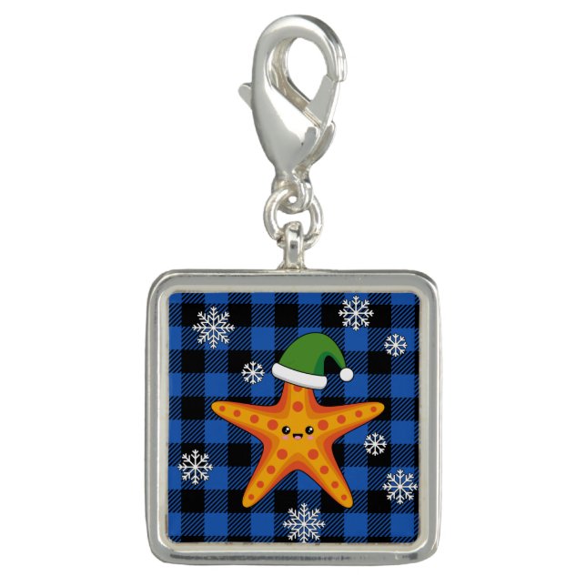 Kawaii Xmas Starfish on Blue Buffalo Pattern Charm (Front)