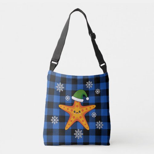 Kawaii Xmas Starfish on Blue Buffalo Pattern Crossbody Bag