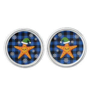 Kawaii Xmas Starfish on Blue Buffalo Pattern Cufflinks