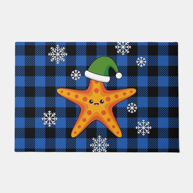 Kawaii Xmas Starfish on Blue Buffalo Pattern Doormat (Front)