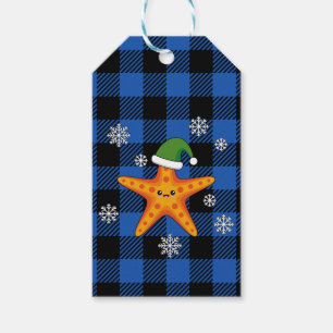 Kawaii Xmas Starfish on Blue Buffalo Pattern Gift Tags