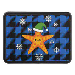 Kawaii Xmas Starfish on Blue Buffalo Pattern Hitch Cover