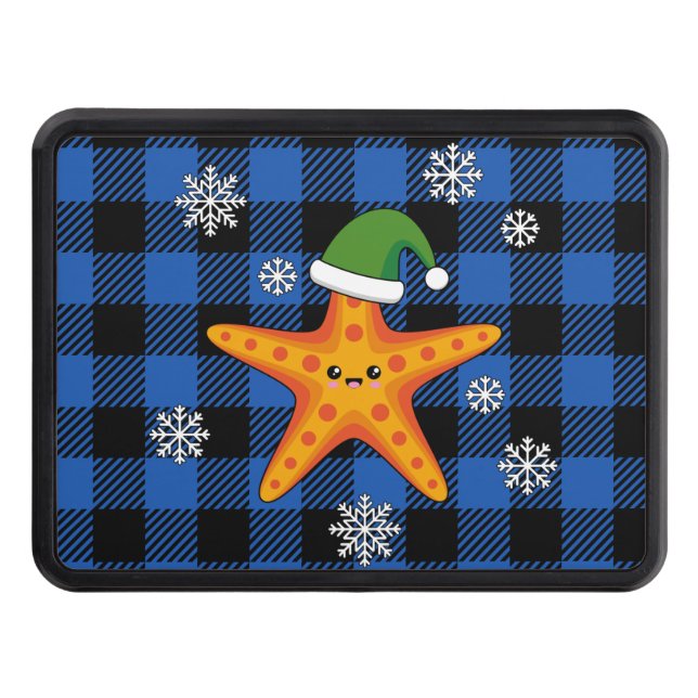 Kawaii Xmas Starfish on Blue Buffalo Pattern Hitch Cover (Front)