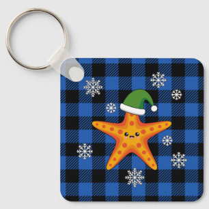 Kawaii Xmas Starfish on Blue Buffalo Pattern Keychain