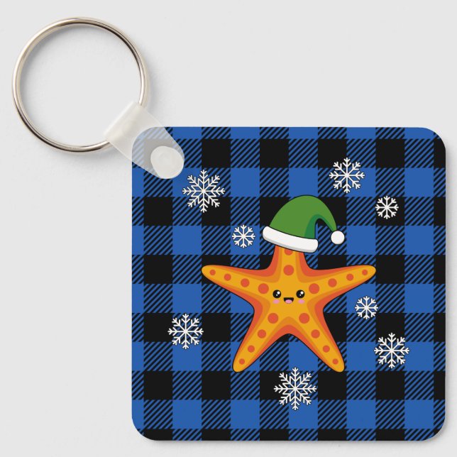 Kawaii Xmas Starfish on Blue Buffalo Pattern Keychain (Front)