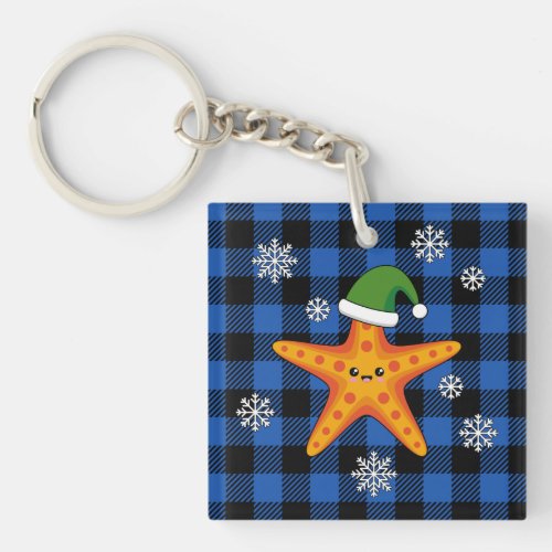 Kawaii Xmas Starfish on Blue Buffalo Pattern Keychain