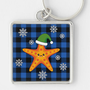 Kawaii Xmas Starfish on Blue Buffalo Pattern Keychain