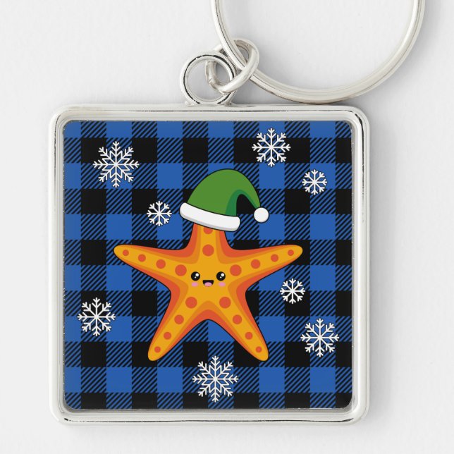 Kawaii Xmas Starfish on Blue Buffalo Pattern Keychain (Front)