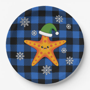 Kawaii Xmas Starfish on Blue Buffalo Pattern Paper Plates