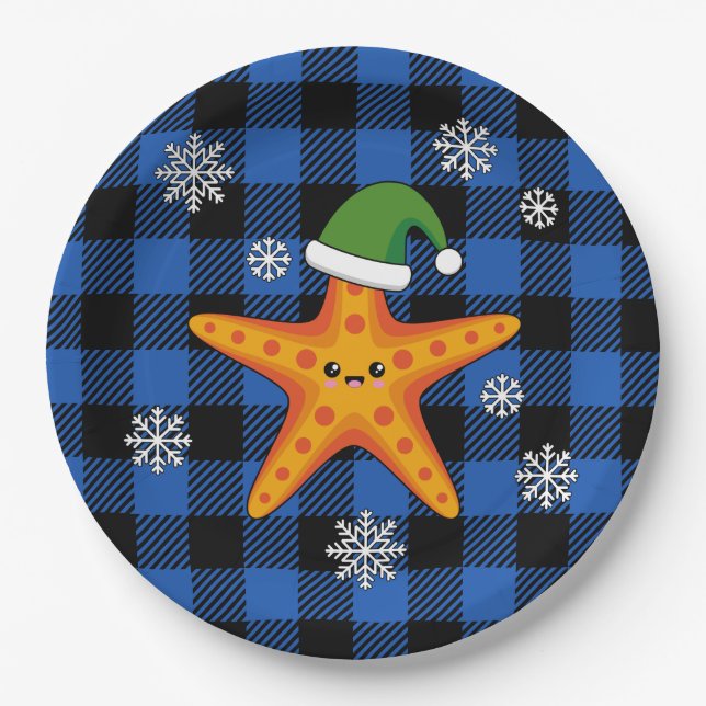 Kawaii Xmas Starfish on Blue Buffalo Pattern Paper Plates (Front)