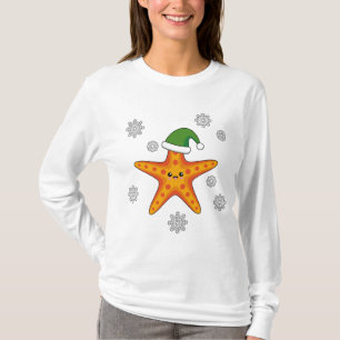 Kawaii Xmas Starfish on Blue Buffalo Pattern T-Shirt