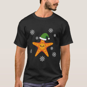Kawaii Xmas Starfish on Blue Buffalo Pattern T-Shirt