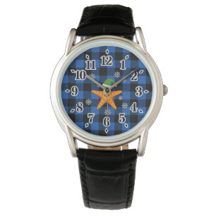 Kawaii Xmas Starfish on Blue Buffalo Pattern Watch
