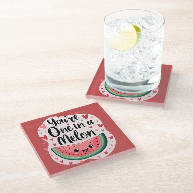 Kawaii "You're One in a Melon" Cute Watermelon Pun Glass Coaster (Angled)