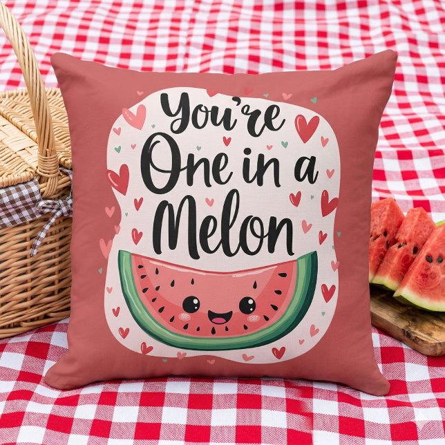 Kawaii "You're One in a Melon" Cute Watermelon Pun Throw Pillow (Kawaii You're One in a Melon Cute Watermelon Pun Throw Pillow Mockup A)