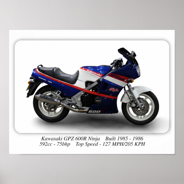 Kawasaki GPZ 600R Ninja Motorcycle - A3 Size Print (Front)