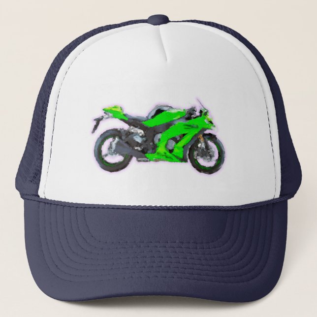 Kawasaki Ninja ZX 10R Hand Painted Art Brush Trucker Hat (Front)