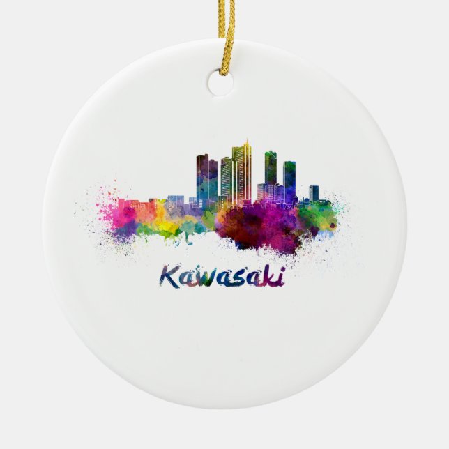 Kawasaki skyline in watercolor ceramic ornament (Front)