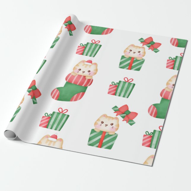 Kaweii Cats in Christmas Stocking and Gifts Wrapping Paper (Unrolled)