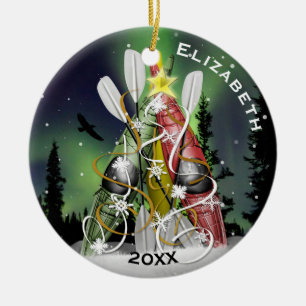 Kayak Christmas Tree Aurora Borealis Ceramic Ornament