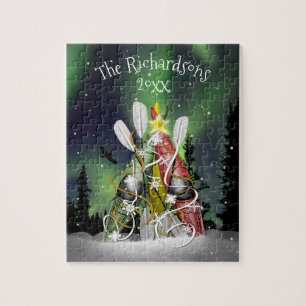 Kayak Christmas Tree Aurora Borealis family name Jigsaw Puzzle