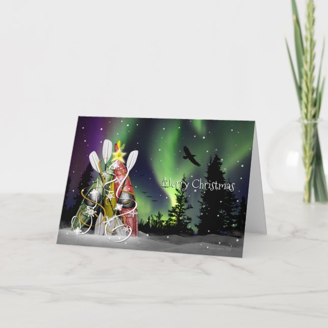 Kayak Christmas Tree Aurora Borealis Holiday Card (Front)