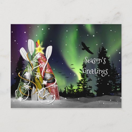 Kayak Christmas Tree Aurora Borealis Holiday Postcard