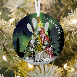 Kayak Christmas Tree Aurora Borealis Metal Ornament