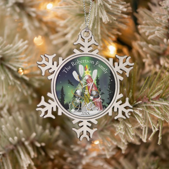 Kayak Christmas Tree Aurora Borealis Snowflake Pewter Christmas Ornament (Tree)