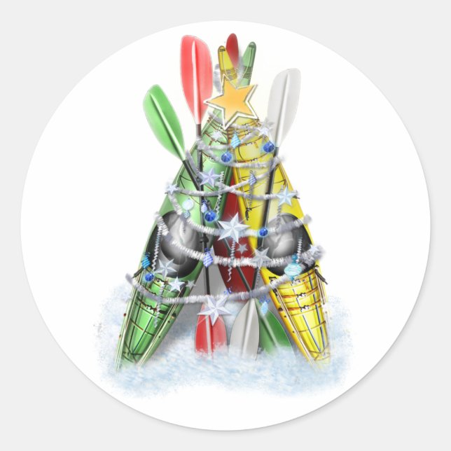 Kayak Christmas Tree Classic Round Sticker (Front)