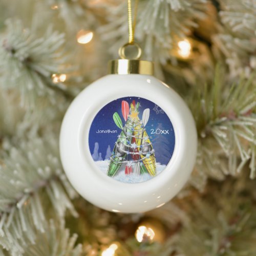 Kayak Christmas Tree custom name and year Ceramic Ball Christmas Ornament
